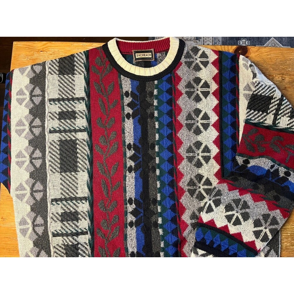 Vintage 90s Bachrach Sweater Mens Coogi Style Multicolor Stripe Cosby 1990s Y2K
